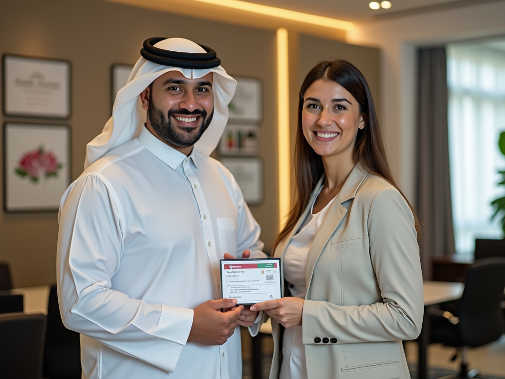 Man in traditional Emirati attire and woman in business suit smiling, holding a certificate together in an office.