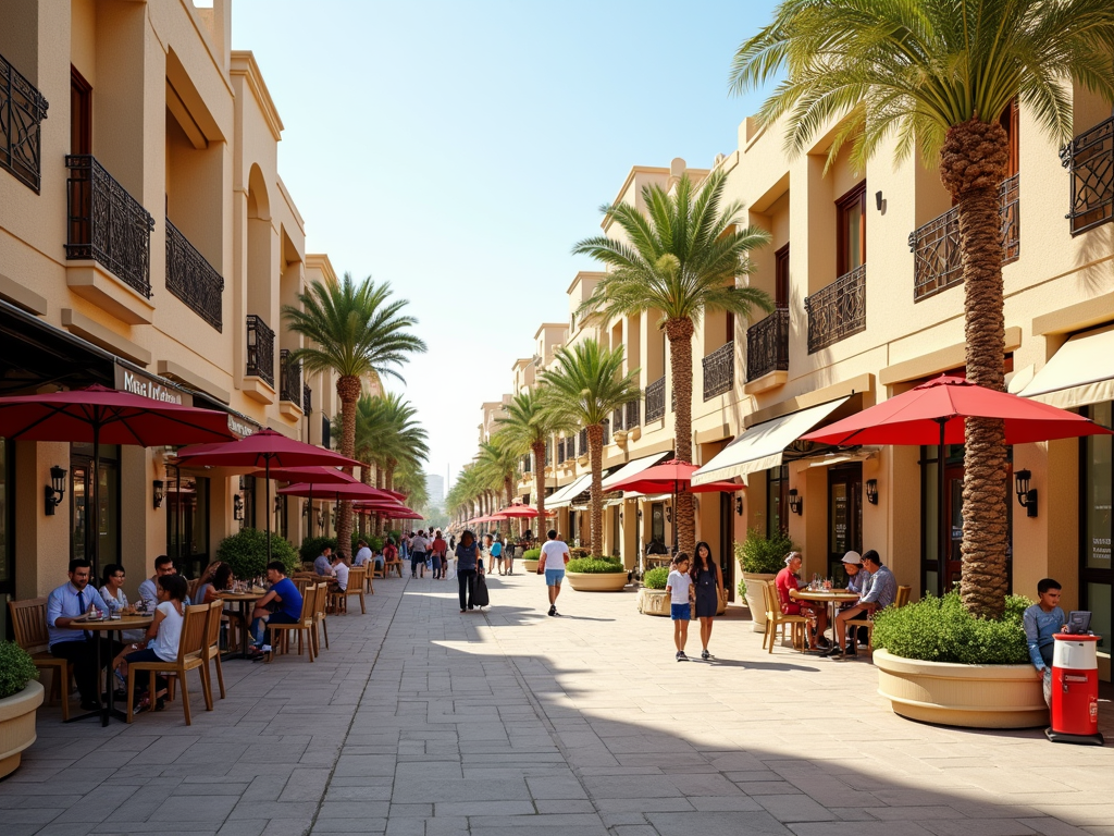 Sunny outdoor shopping street with people dining under red umbrellas, flanked by palm trees.