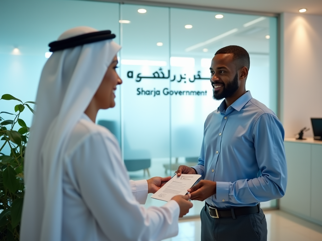 Emirati man in traditional attire and a Black man in a blue shirt exchange documents in a modern office labeled "Sharja Government".