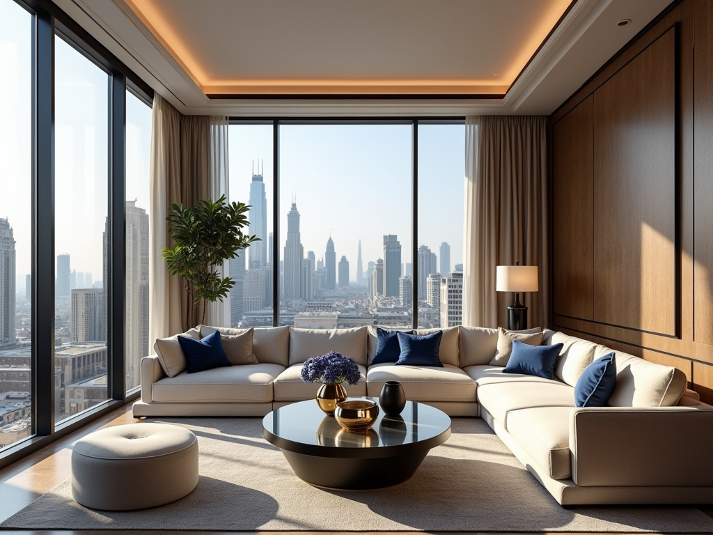 A stylish living room with large windows offering a city skyline view, featuring modern furniture and decor.