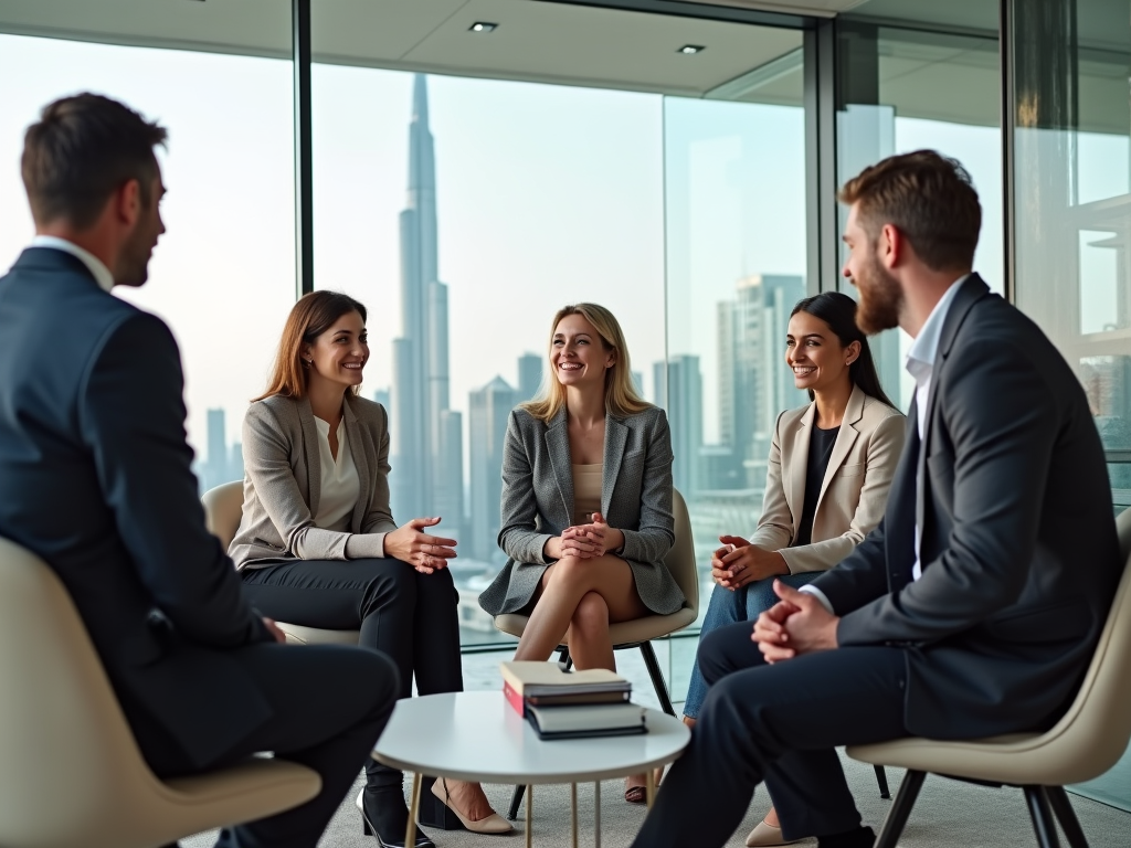 A diverse group of professionals in business attire engaged in discussion in a modern office with a city skyline view.