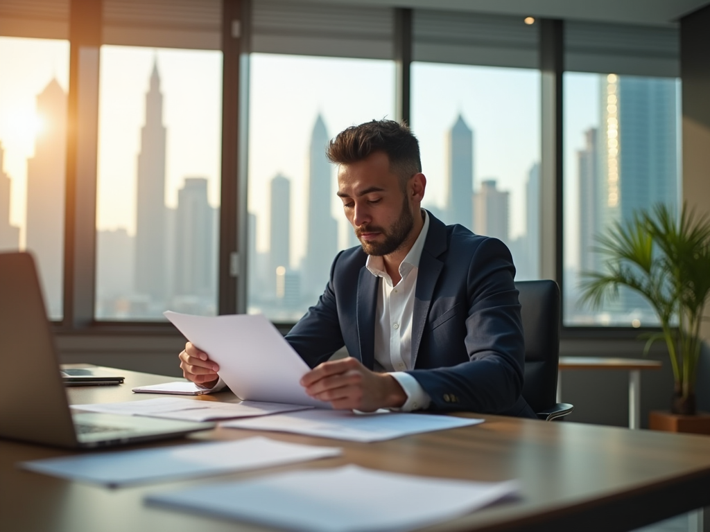 Businessman reviewing documents in office with city skyline at sunset visible through windows.