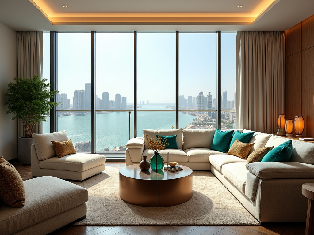 Luxurious living room with large windows overlooking a coastal cityscape.