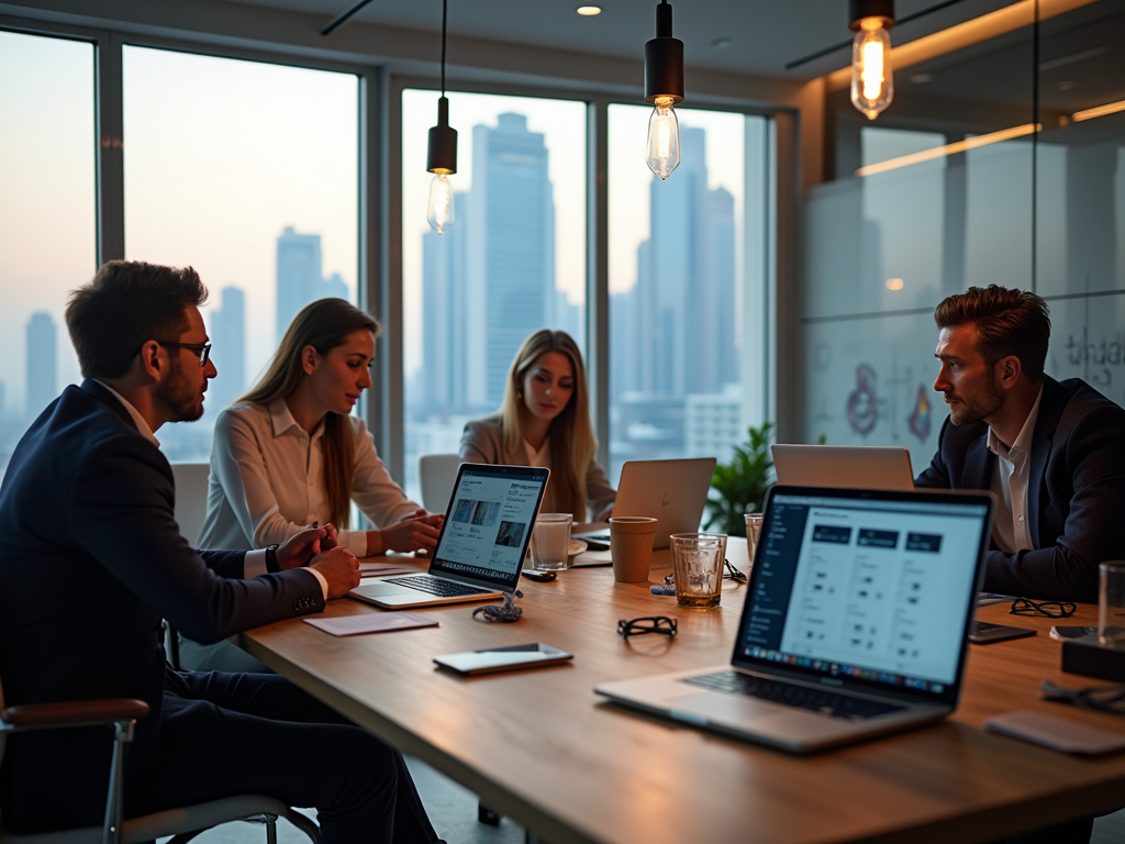 A business meeting in a modern office, with four professionals discussing while laptops are open on the table.