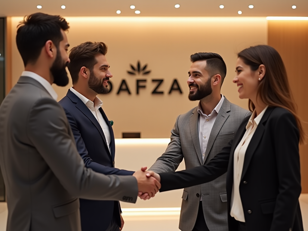 Two men shaking hands in a business lobby, with two onlookers smiling.