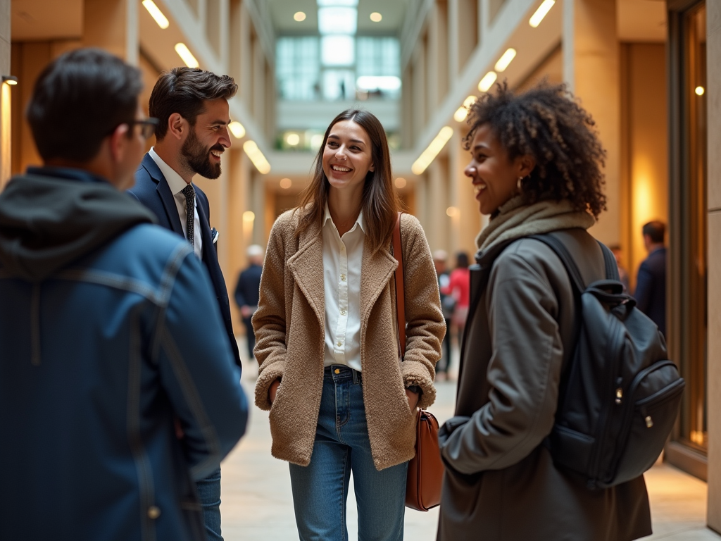 Four people are engaged in a conversation in a stylish indoor space, smiling and appearing friendly.