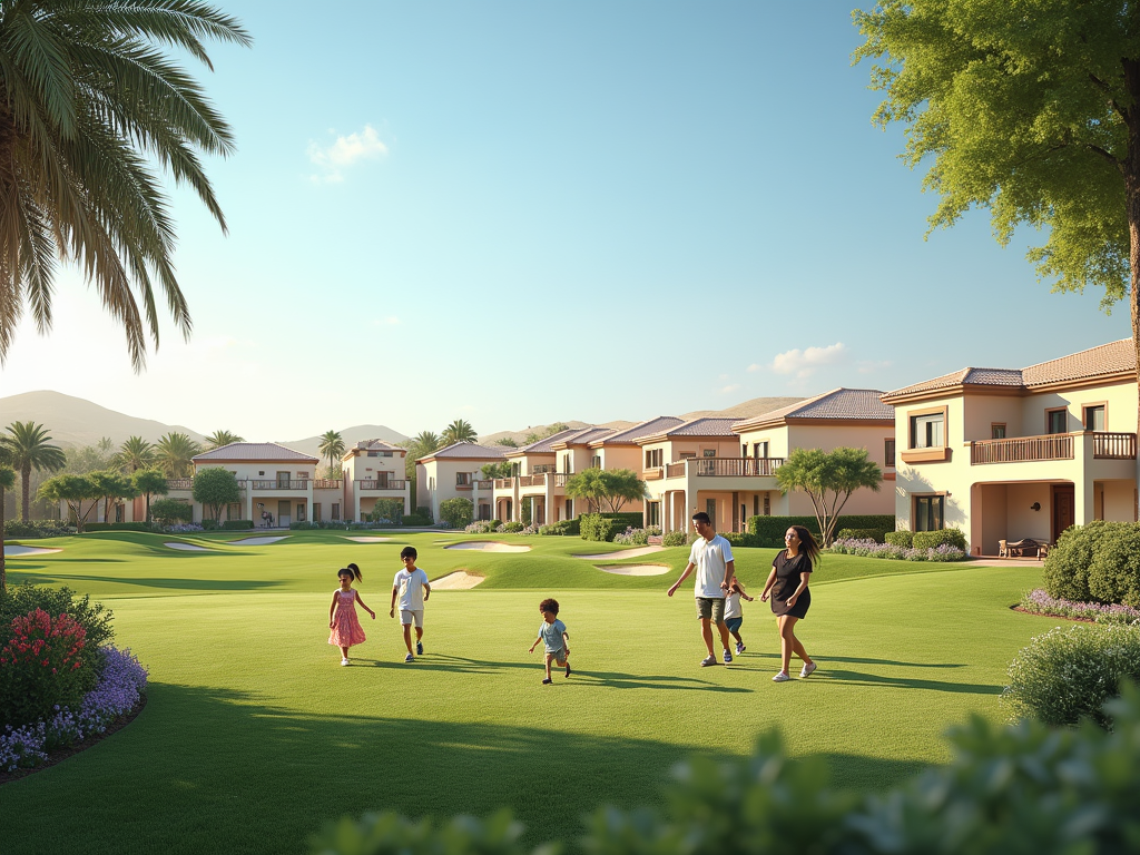 A family walks through a scenic golf resort area, surrounded by palm trees and blooming flowers.