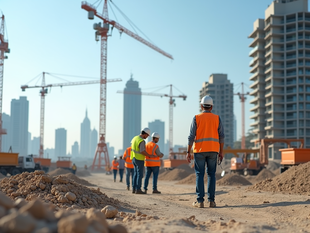 Construction workers in reflective vests at a building site with cranes and urban skyline.