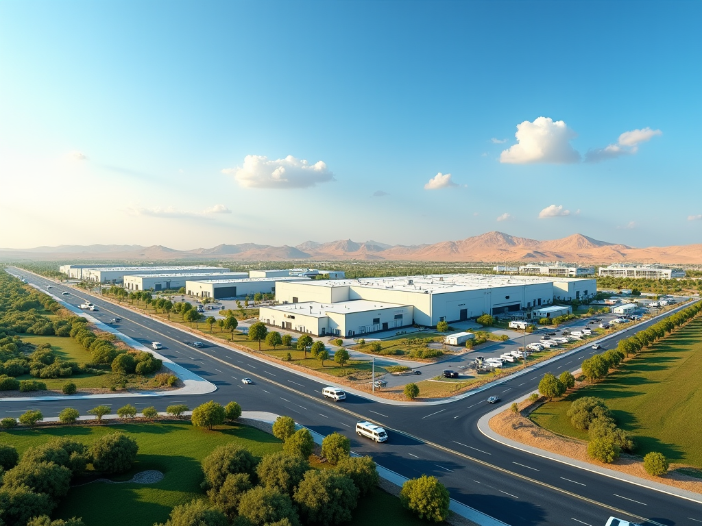 Aerial view of a bustling industrial area with roads, vehicles, and mountain backdrop under clear skies.