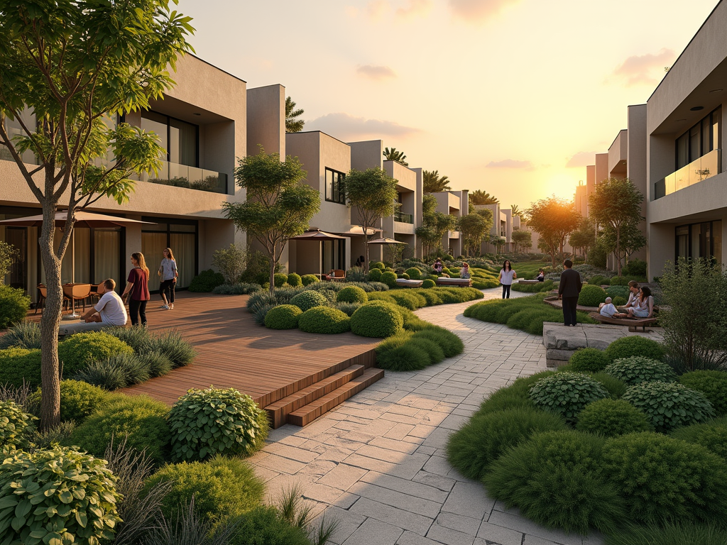 Modern residential community with people enjoying the lush gardens at sunset.