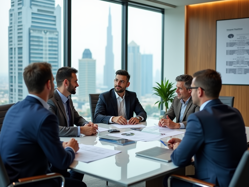 Five business professionals in suits are engaged in a meeting around a conference table with a city view.