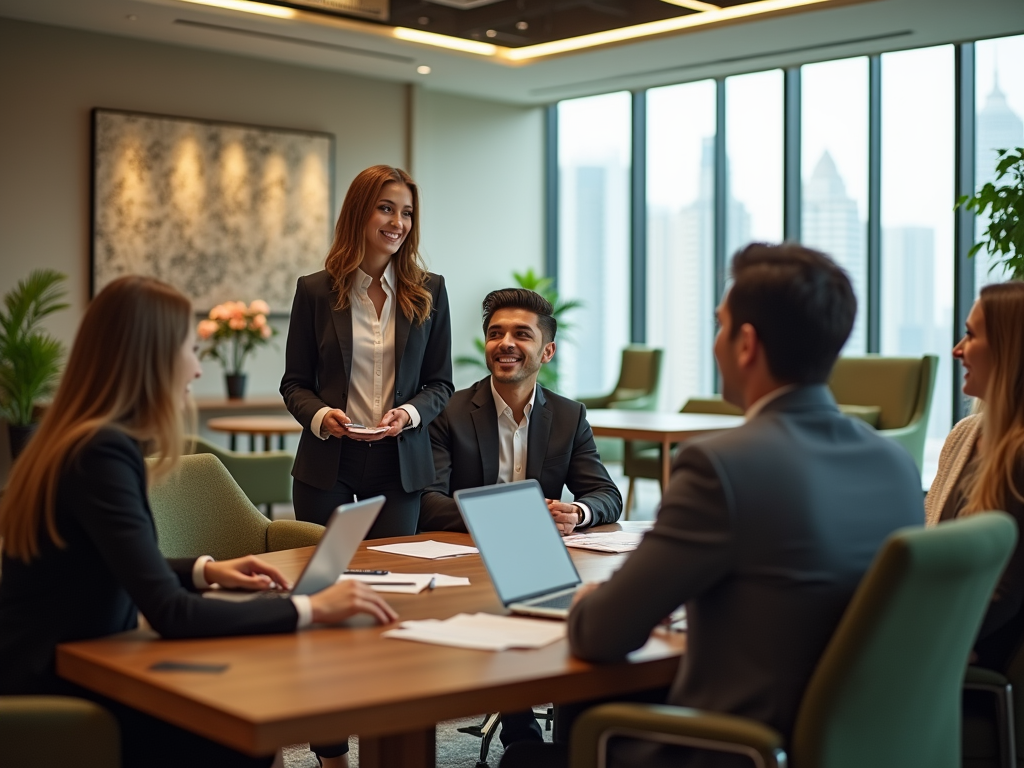 A woman presenting in a meeting with colleagues in a modern office with city view.