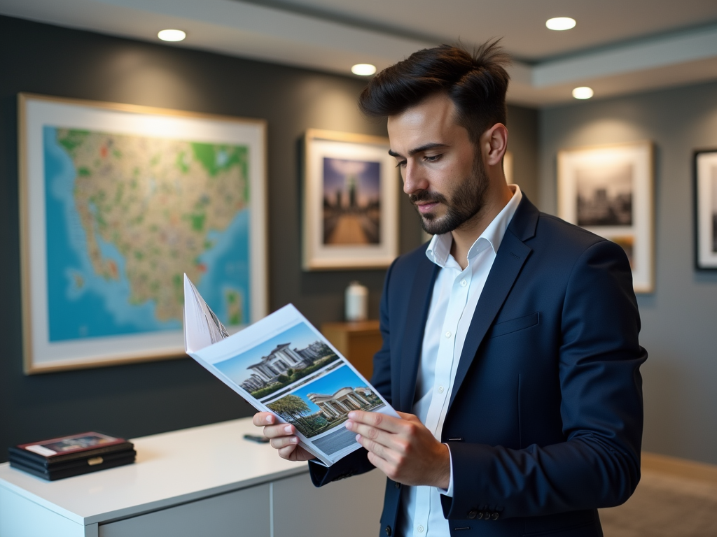 Man in suit reading a brochure in a gallery with map and art frames in background.