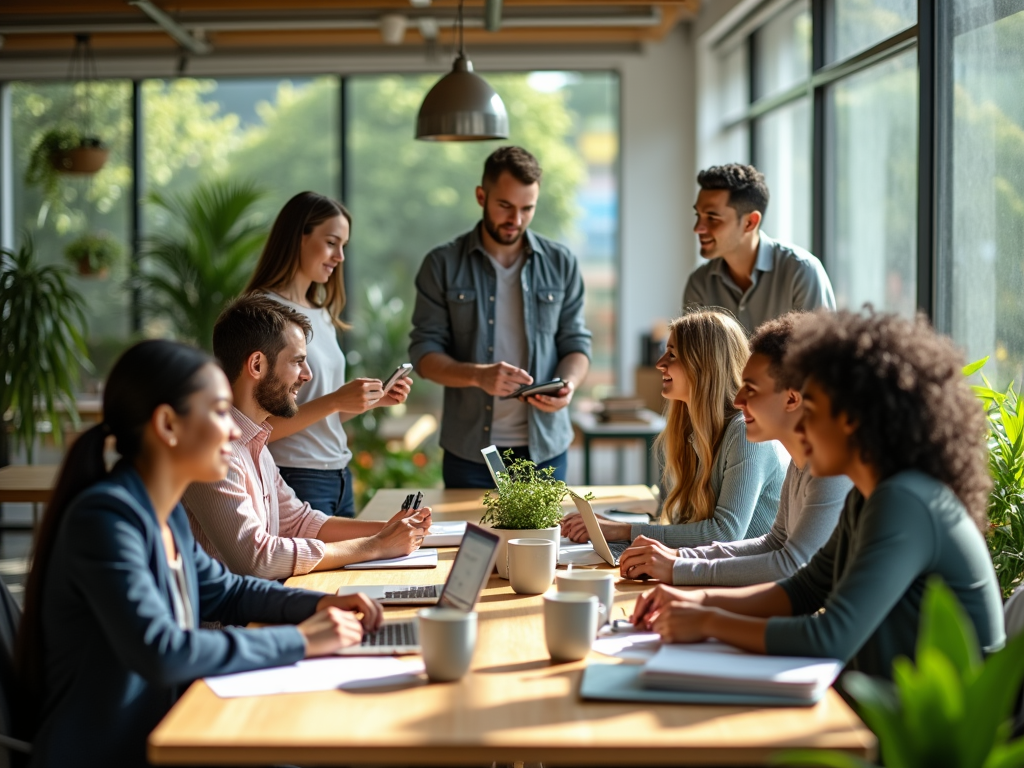 Diverse group of professionals engaged in a lively discussion around a table in a bright office.