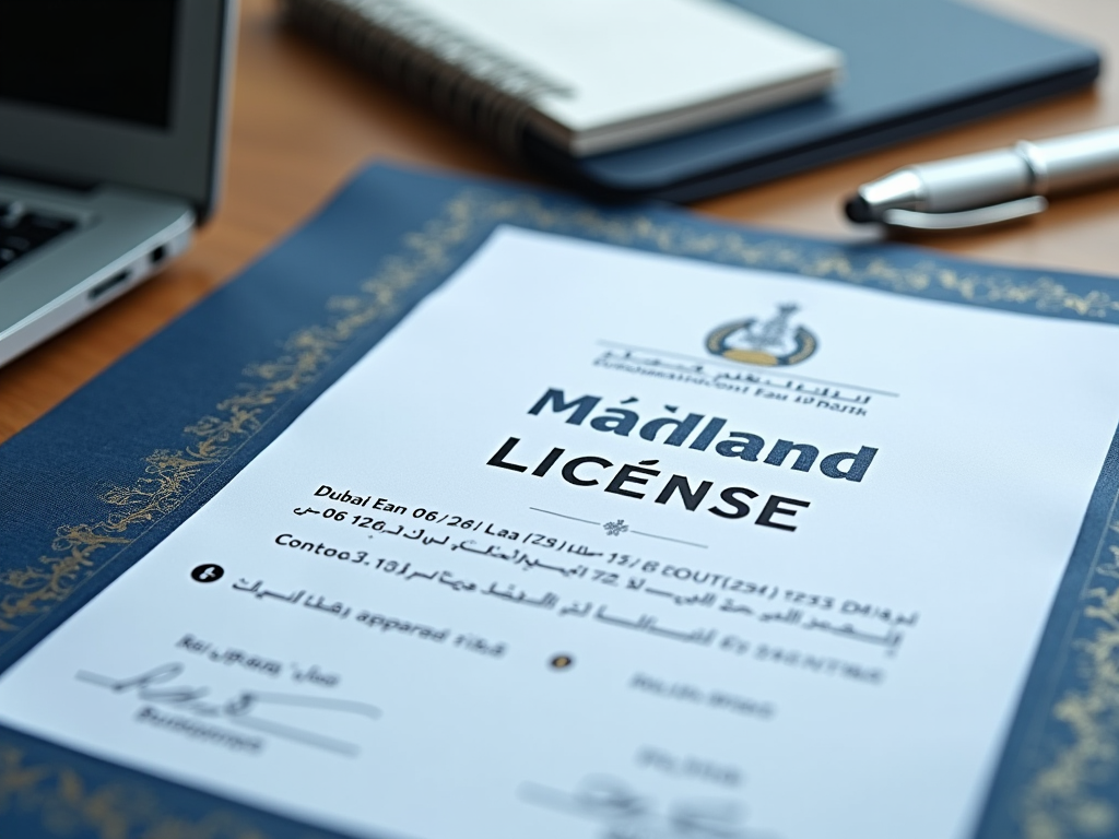 A close-up of a "Mäiland License" document on a desk with a laptop and notebook in the background.