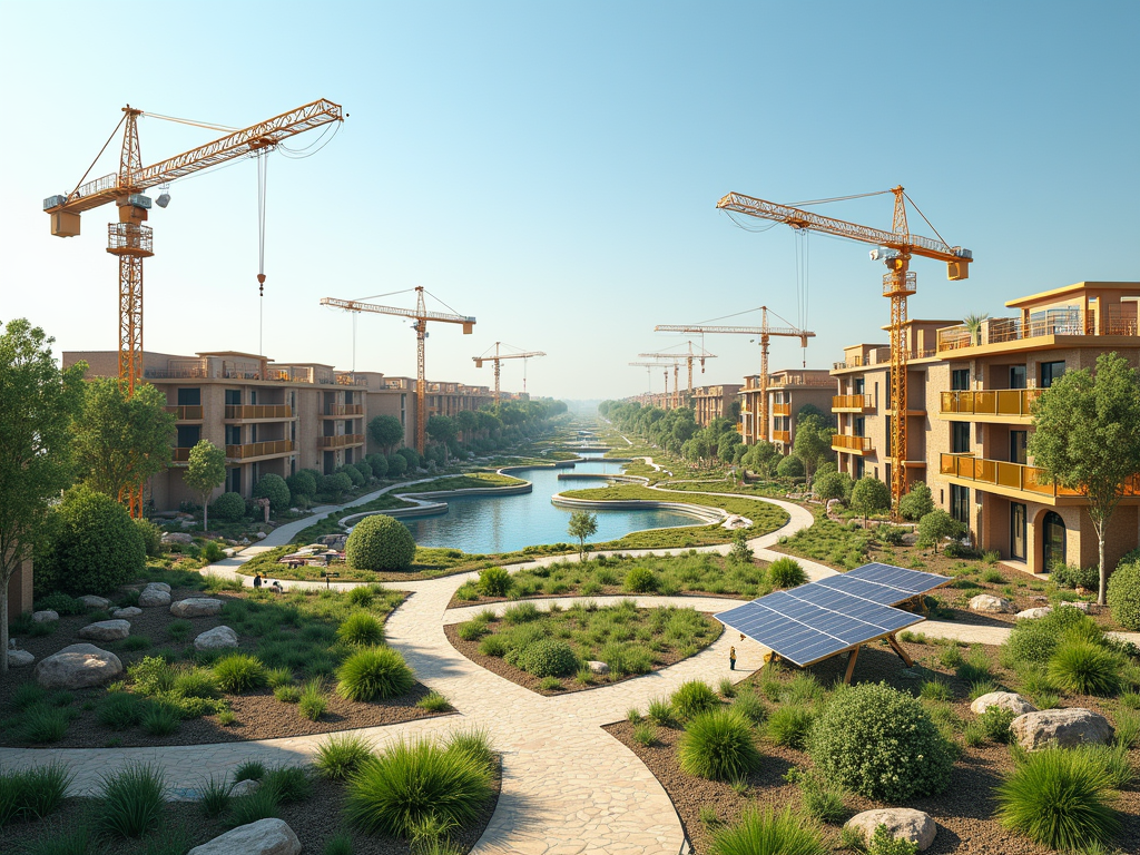 Sustainable housing development with cranes, solar panels, and lush gardens beside a waterway.