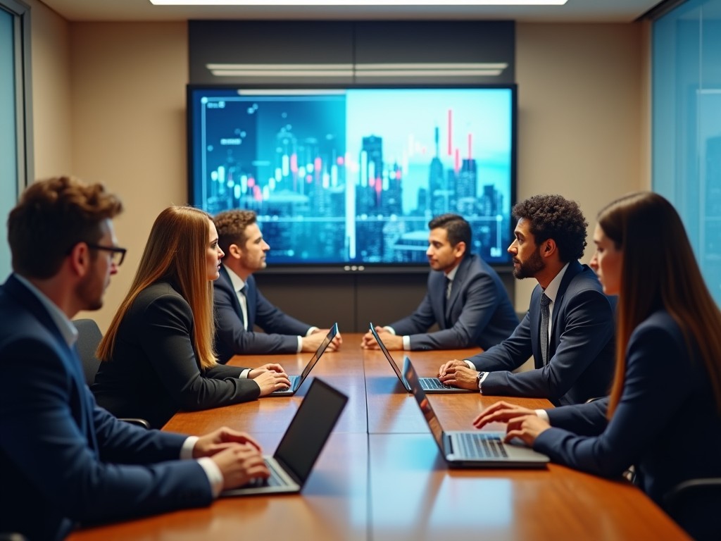 Professionals in a meeting room with laptops, discussing over digital graphs displayed on a screen.