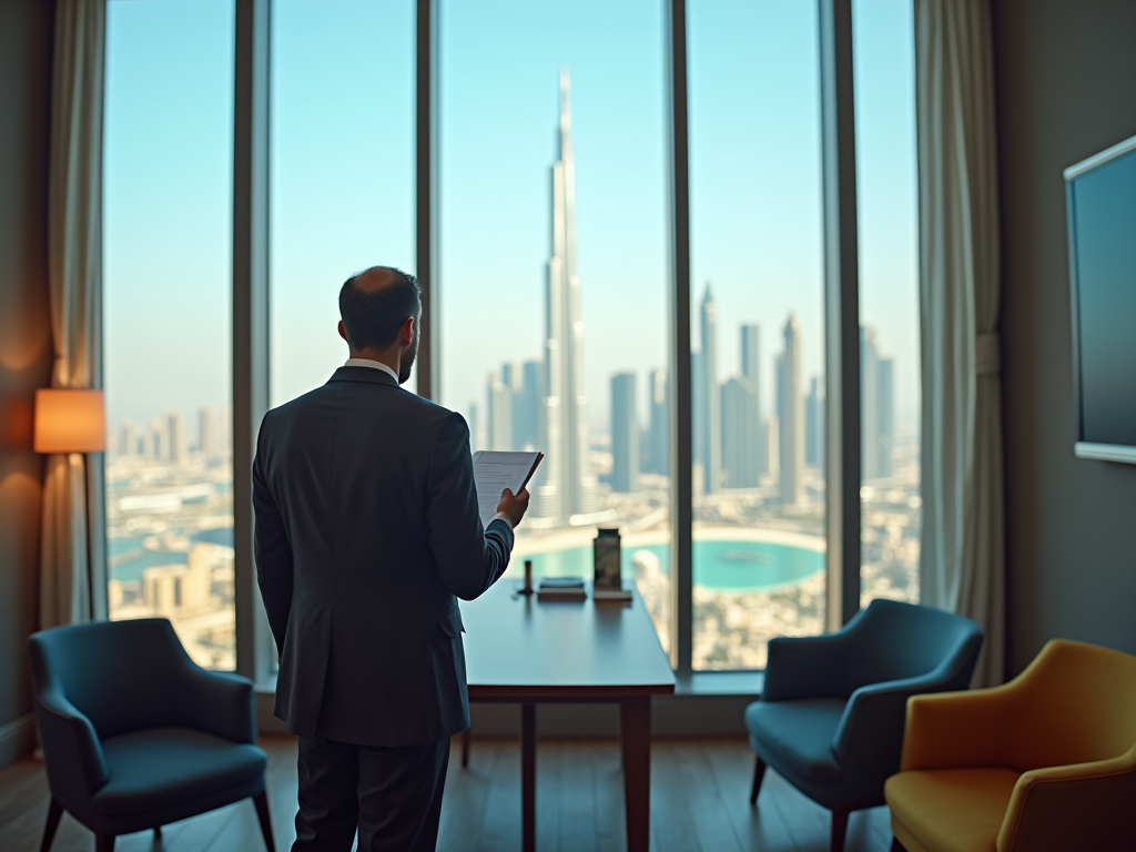 Man in suit holding a tablet, looking out at a city skyline from a high-rise office.