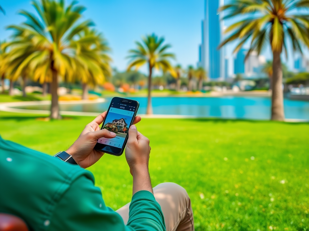 A person sitting on grass, using a smartphone to view a photo, with palm trees and a city skyline in the background.