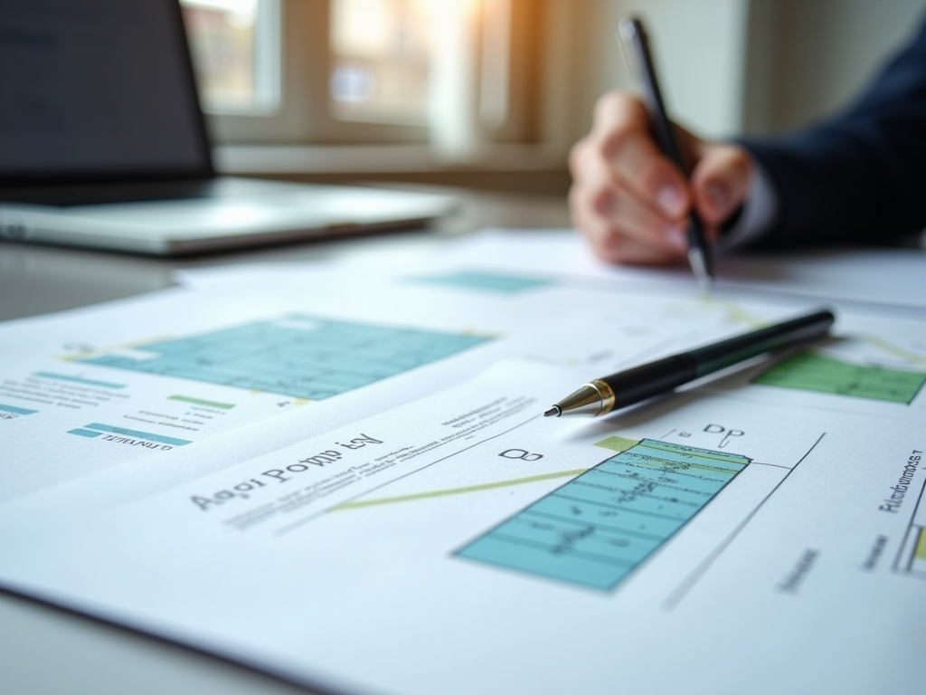 A professional analyzing financial documents with a pen, beside a laptop on a desk.