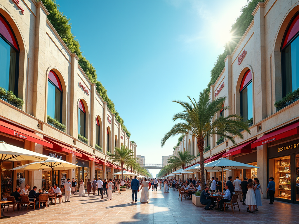 A bustling outdoor shopping area with palm trees, cafes, and people enjoying the sunny day.