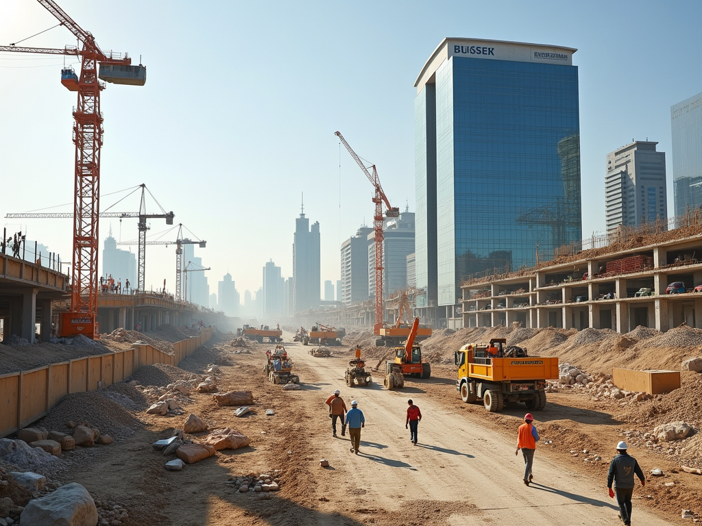 Busy construction site with workers, heavy machinery, and cranes against a backdrop of city skyscrapers.