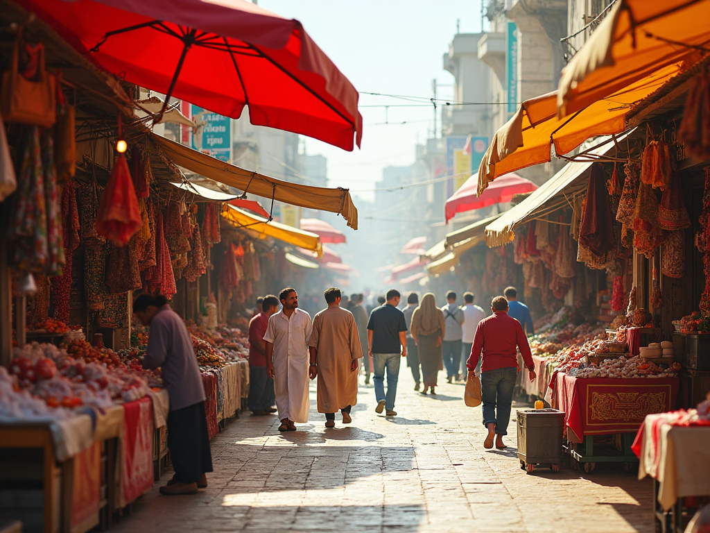 Vibrant market scene with bustling crowd and stalls under colorful umbrellas, selling spices and goods.