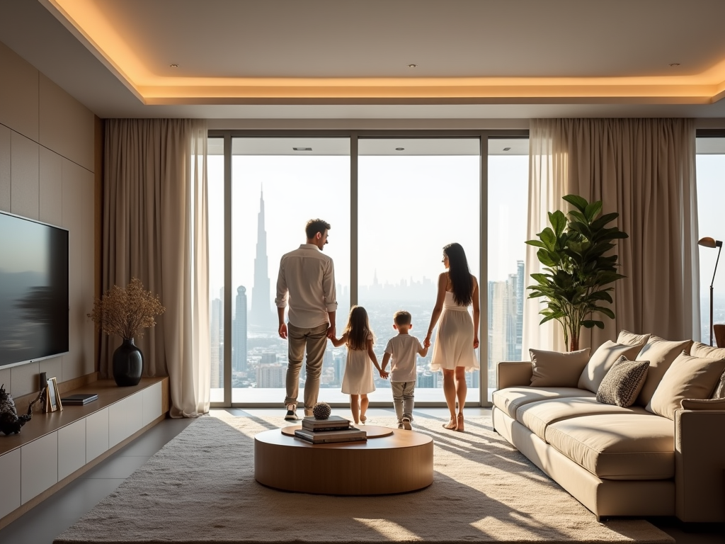 Family of four looking out large window in a modern living room, city skyline in background.