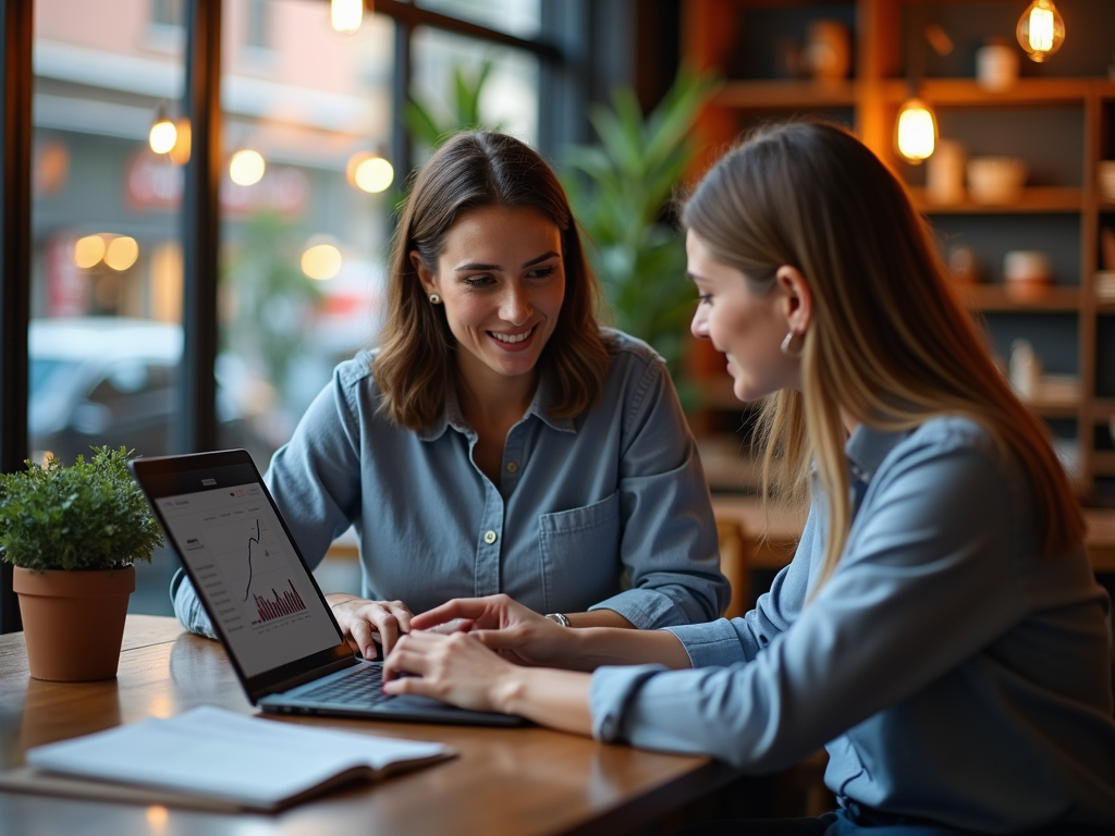 Two women are collaborating at a table, analyzing a graph on a laptop in a cozy café setting.