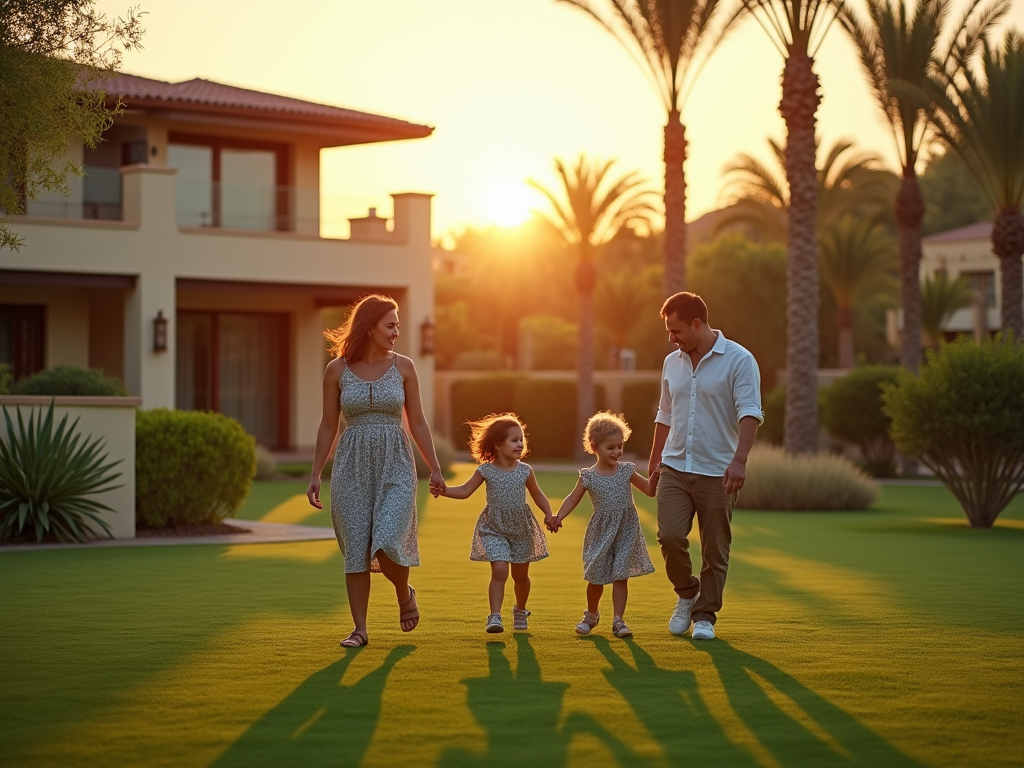 A family walks hand in hand on a green lawn at sunset, surrounded by palm trees and a beautiful landscape.