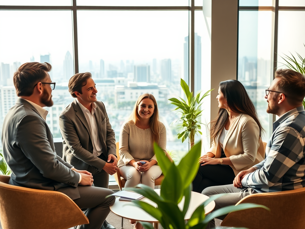 A diverse group of five professionals engages in a lively discussion in a modern office with a city view.