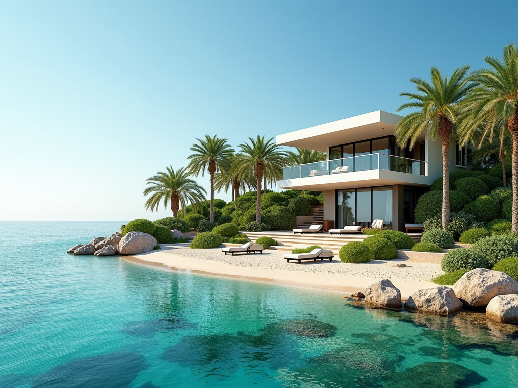 Modern white villa with glass balconies amid lush palms on a serene beachfront.