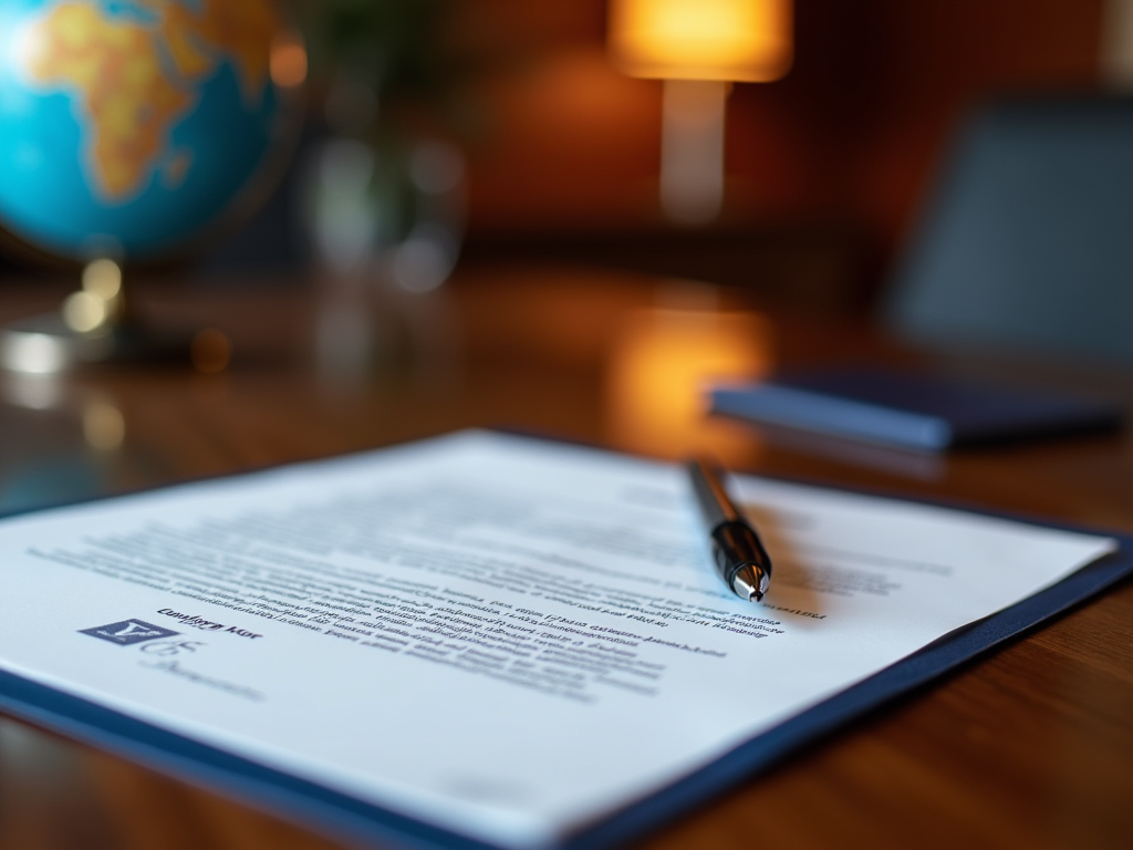 Contract on desk with pen, globe and laptop in background, focused on text.