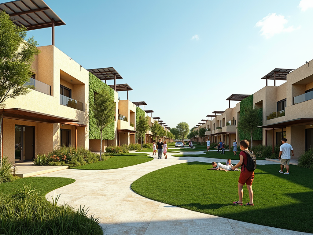 A modern residential area with green pathways, people walking, and kids playing on the grass under a clear blue sky.