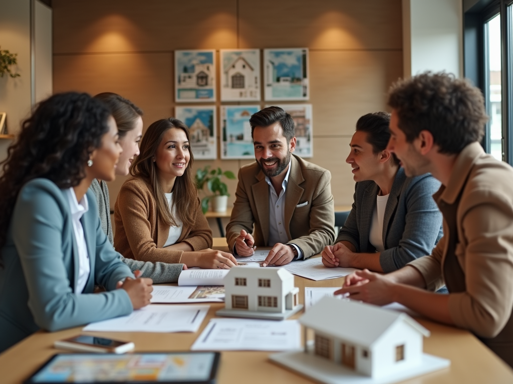 Group of professionals smiling during a meeting around a table with architectural models.