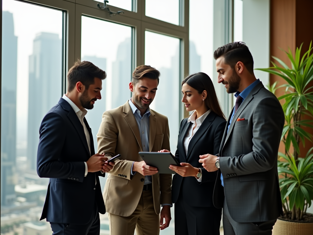 Four business professionals discussing over a tablet in a modern office with cityscape view.