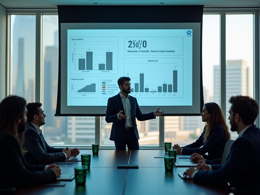 Man presenting business stats to colleagues in a meeting room with cityscape background.