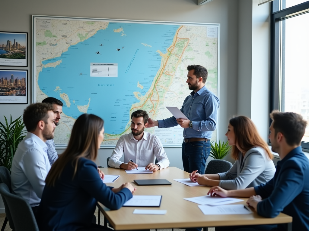 Business team in a meeting with a man presenting, large map in the background.