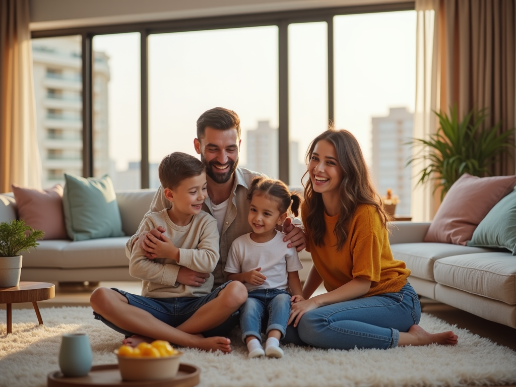 Happy family sitting on floor at home, laughing and hugging in a sunny living room.