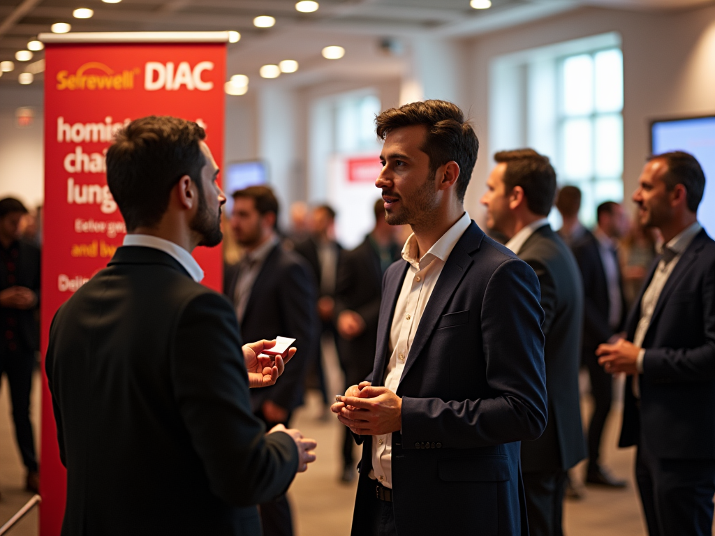 Two men conversing at a busy business conference with promotional banners in the background.