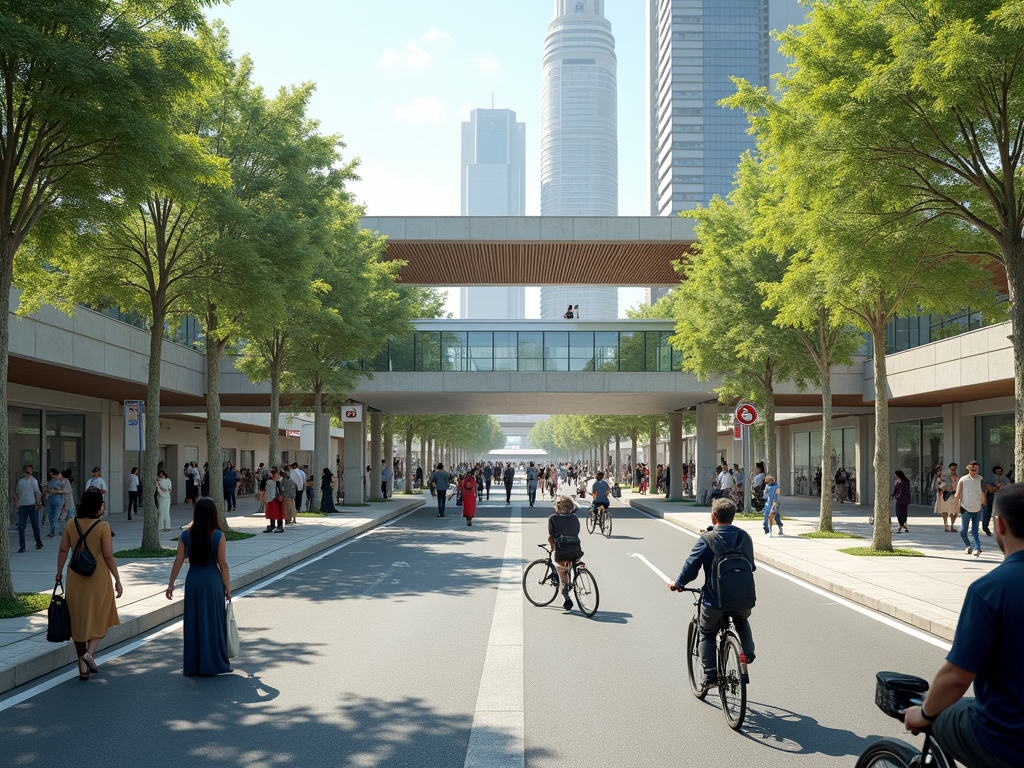 Urban street scene with people walking and biking under shady trees and a modern pedestrian bridge overhead.