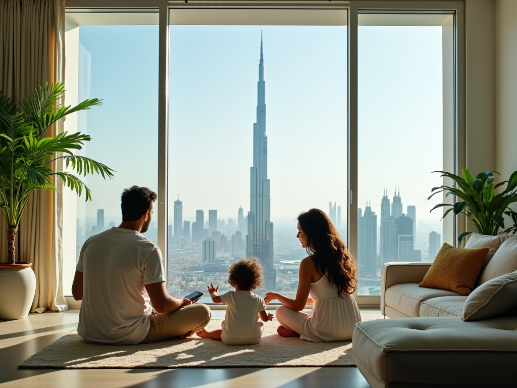 A family sits together in a sunlit room with a view of a city skyline, featuring a tall skyscraper.