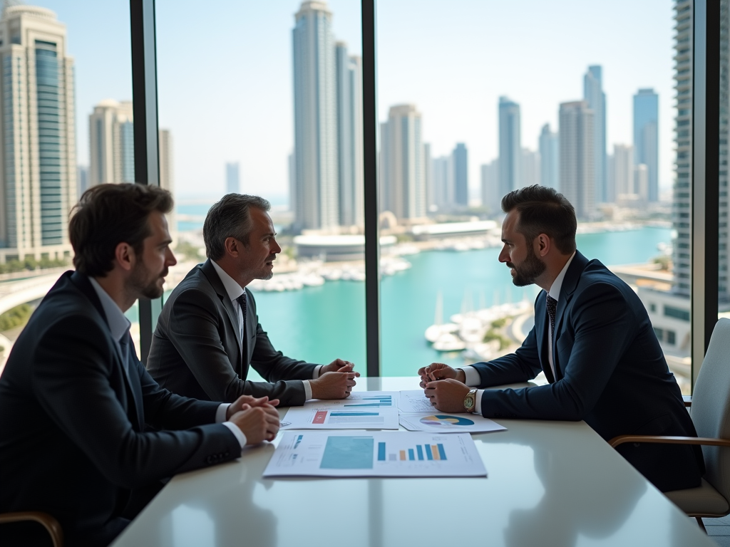 Three businessmen discussing over documents in a meeting room with city and marina view.