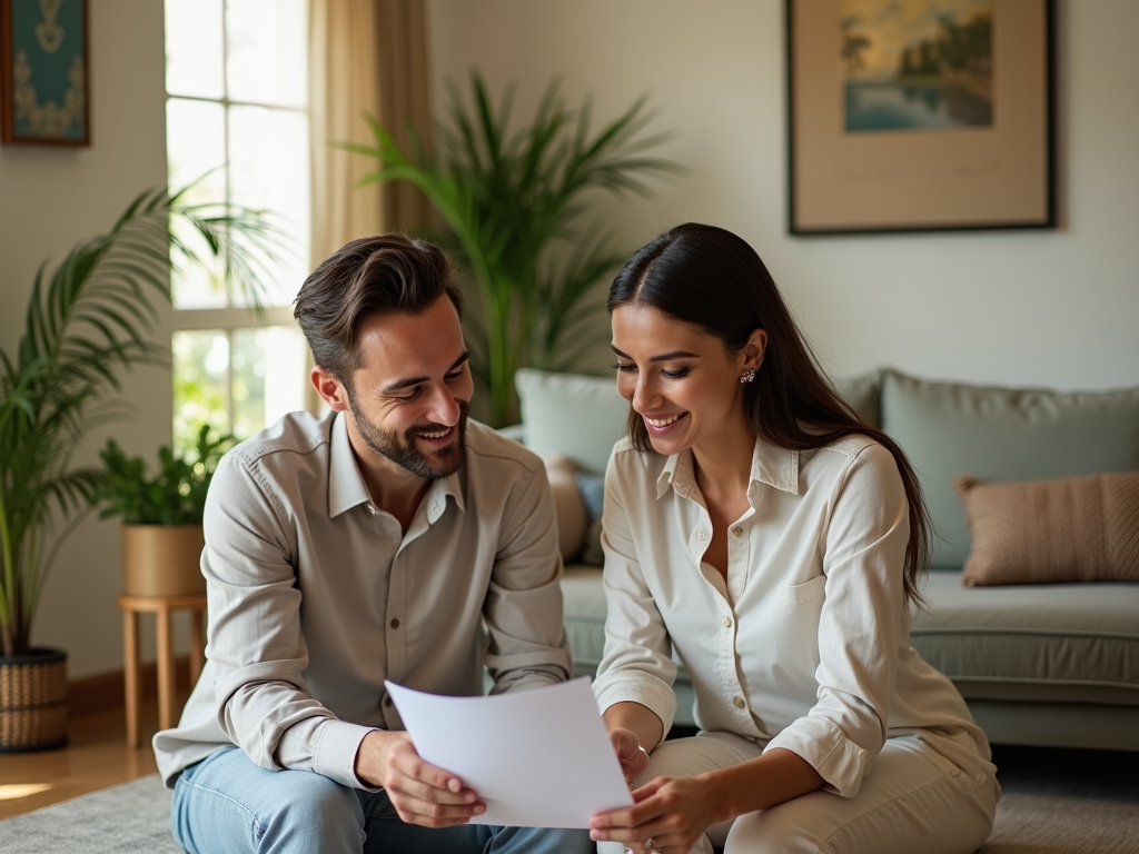 A couple is sitting together, smiling and looking at a document in a cozy, well-lit living room.