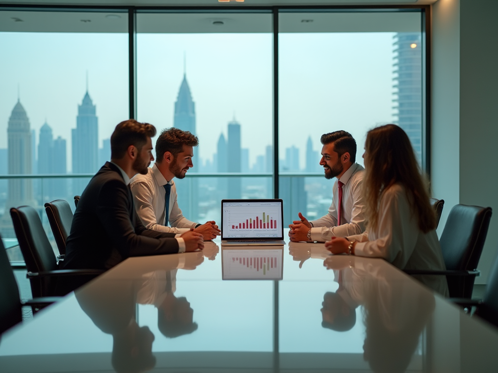 Four professionals discussing over a laptop with charts, in a city view office.