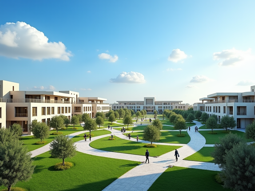 Sunny campus park with modern buildings, green lawns, curving pathways, and pedestrians.