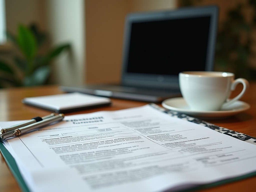 Office desk with documents, a pen, coffee cup, and laptop in a workspace.