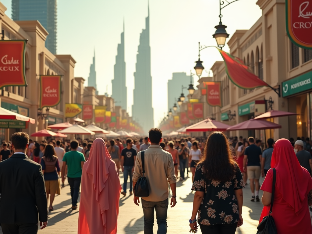 Crowded street scene with people walking past colorful umbrellas and shops.