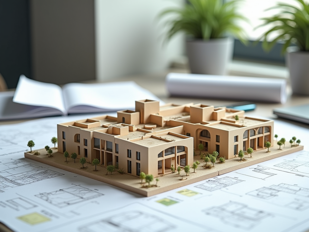 Architectural model of a residential complex on a desk with plans and plants.