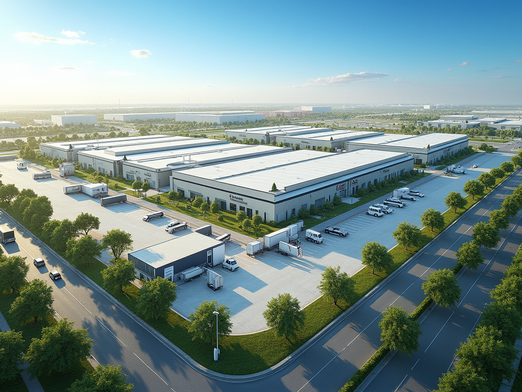 Aerial view of a large industrial park with multiple warehouses and trucks, surrounded by greenery and roads.